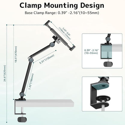 Tablet Stand Holder for Desk, Portable Phone Tablet Holder for ipad with 360° Rotation,Adjustable Arm Clamp Mount Compatible with 4.7"-12.9" iPad, iPhone, Kindle, Black
