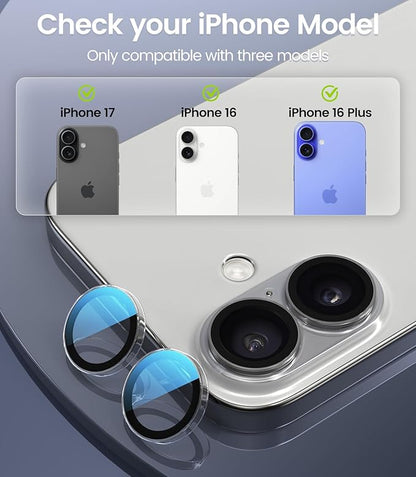 PandaShield 2-Pack Camera Lens Protector for iPhone 17/16/16 Plus, [Anti-Reflection & 98% High Transparency], 9H Explosion-Proof Glass, Anti-Scratch, Easy Installation, Case Friendly, Transparent