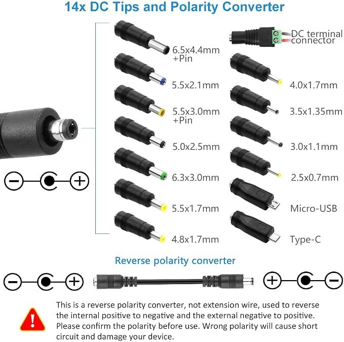 SHNITPWR 3V ~ 24V 3A 72W Power Supply Adjustable DC 3V 5V 6V 9V 12V 15V 16V 18V 19V 20V 24V Variable Universal AC/DC Adapter 100V-240V AC to DC Converter with 14 Tips 5.5x2.5mm 4.0x1.7mm 3.5x1.35mm