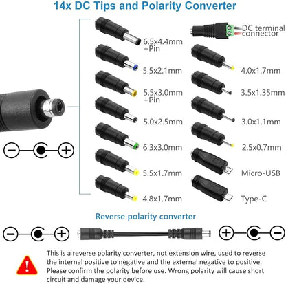 SHNITPWR 3V ~ 24V 3A 72W Power Supply Adjustable DC 3V 5V 6V 9V 12V 15V 16V 18V 19V 20V 24V Variable Universal AC/DC Adapter 100V-240V AC to DC Converter with 14 Tips 5.5x2.5mm 4.0x1.7mm 3.5x1.35mm