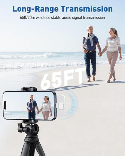 PoP voice USB C Mini Microphone for iPhone 16/15/14/Android, Wireless Lavalier Microphone with Noise Reduction, Lapel Lav Mic for Vlog YouTube TikTok Recording, 12H, 65ft (White)