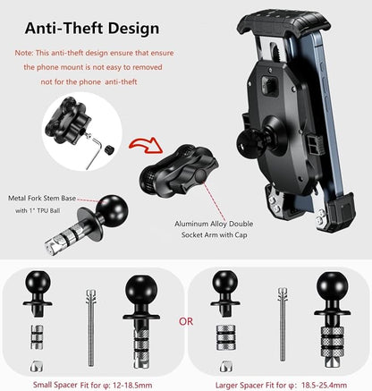 Kewig Motorcycle Fork Stem Phone Mount, with Cap Anti-Theft Short Arm Motorcycle Phone Holder, [1s Lock & Release] Fits for Fork Stem 12-25.4mm in Diameter, for 5.5-7.2" Cellphones