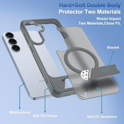 RMOCR for Samsung Galaxy S25 Case with Screen Protector+Lanyard Wrist Strap,Magnetic Translucent Matte Rugged Slim Phone Cover Built in Invisible Kickstand [Fit for MagSafe],2025 Grey