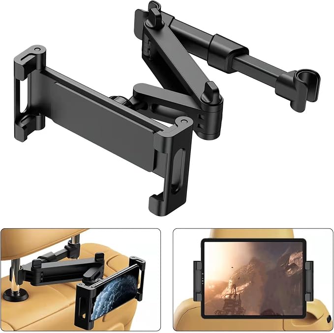 360Adjustable iPad Car Tablet Holder - Back Seat for Kids & Adults, Compatible with 4.7-12.9in Devices (iPhone, iPad, Switch), Road Trip Essentials (Black)
