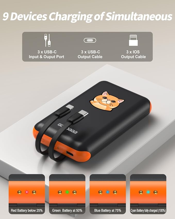 GOODaaa Portable Charger, 3-Pack 10000mAh Slim Power Bank Built in Cables, 3 Outputs 1 Inputs Family Power Hub for All Mobile Devices, Charging Station Set Includes 140 DlY Stickers, for Home,Office
