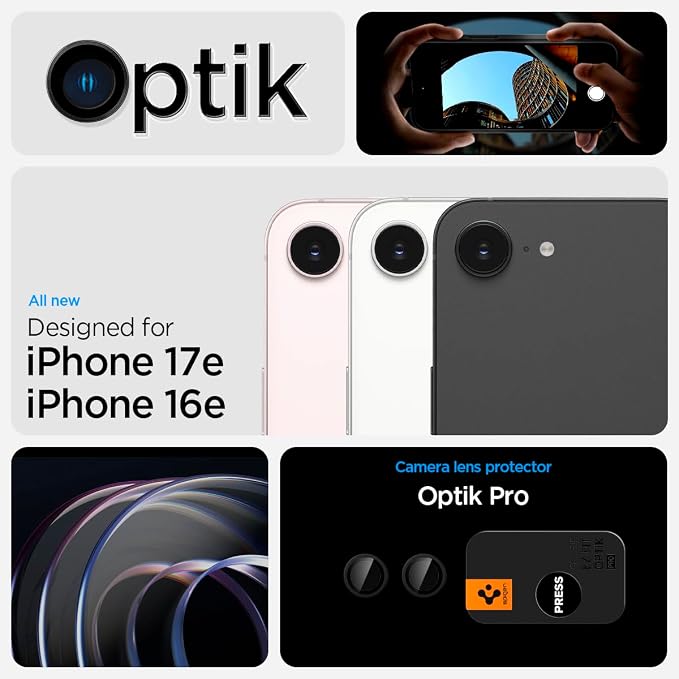 Spigen Camera Lens Screen Protector [GlasTR Optik Pro] designed for iPhone 17e, iPhone 16e - Black [2 Pack]