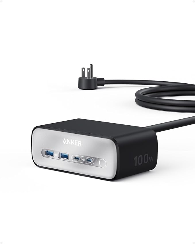 Anker Nano Charging Station(100W Max), 7-in-1 USB C Power Strip for iPhone 16/15/14 and MacBook Air/Pro, 5ft Thin Cord,3AC, 2USB A,2USB C,Power Delivery Desktop Accessory for Home&Office(Black)