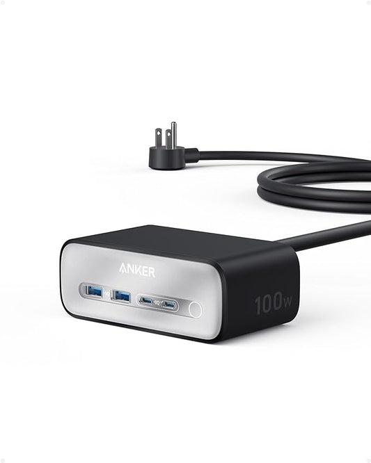 Anker Nano Charging Station(100W Max), 7-in-1 USB C Power Strip for iPhone 16/15/14 and MacBook Air/Pro, 5ft Thin Cord,3AC, 2USB A,2USB C,Power Delivery Desktop Accessory for Home&Office(Black)