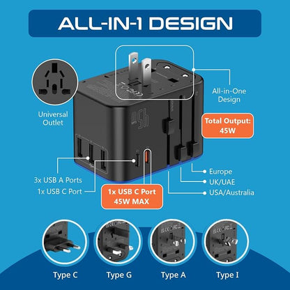 Ceptics Universal Travel Adapter, 45W International Power Adapter with PD & QC 3.0 Dual USB-C, 3 USB Travel Adapter Worldwide, Type I C G A Outlets - EU Euro US UK (11-KU)