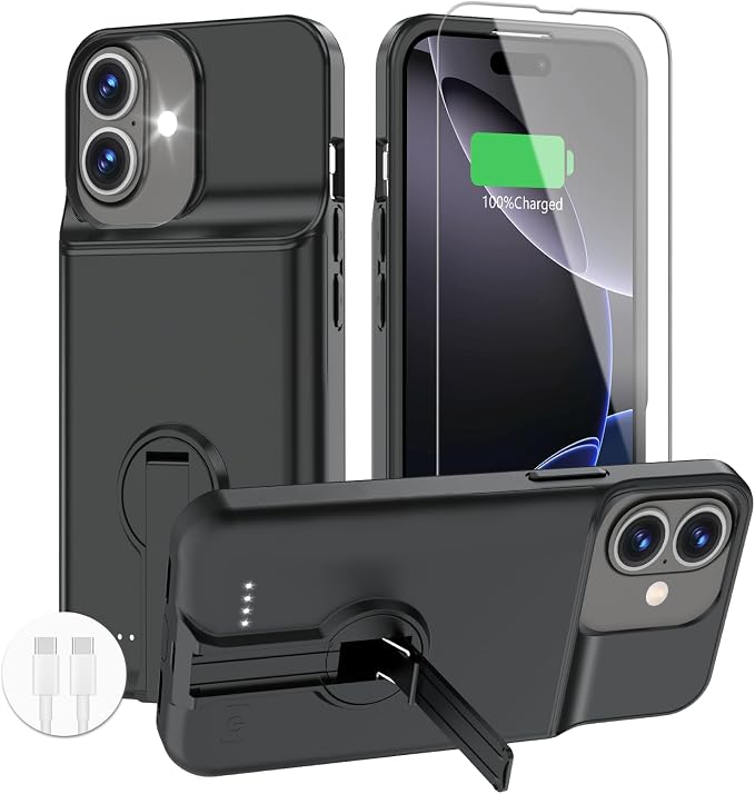 BOPPS Battery Case for iPhone 16 Plus with Stand【Support Carplay】 Slim 8500mAh Portable Rechargeable Strong Protective Extended Charger Cover for iPhone 16 Plus Charging Case-6.7inch Black