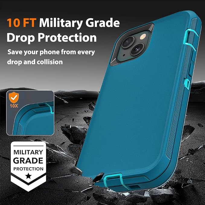 for iPhone 15 Plus Case with 2Pcs Tempered Glass Screen Protector and 1Pcs Camera Lens Protector, Military Grade 3 in 1 Heavy Duty Shockproof/Drop Proof/Dust Proof Case (Blue/Turquoise)