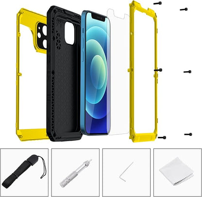 Mitywah Waterproof Case for iPhone 12, Heavy Duty Shockproof Case with Built-in Screen Protector, Full Body Underwater Protective Metal Case 6.1 inch, Yellow