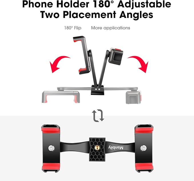Manbily Phone Tripod Mount Adapter, 360° Rotatable Dual Cell Phone Holder Clip, Adjustable Clamp with 4 Cold Shoe, for Tripod Monopod Selfie Stick Vlog Live Streaming Video Recording