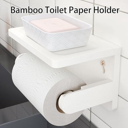Drill-Free Toilet Paper Holder with Phone Shelf Bamboo Wall-Mounted, No-Drill & Drillable, Bathroom Storage Organizer, Space Saver Tissue Roll Rack for Bathroom, Kitchen, Home Decor (White)