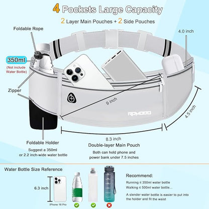 Fanny Pack with Water Bottle Holder, Slim Running Hydration Belt for Women Men, Water Resistant Waist Pack for iPhone Samsung, No Bounce 4 Pockets Phone Holder for Running Walking Outdoor（Grey）
