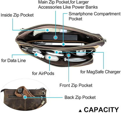 CONTACTS Crazy Horse Leather Travel Electronic Organizer Cables Chargers Accessories Storage Case Holder Clutch Bag with 3 Compartments