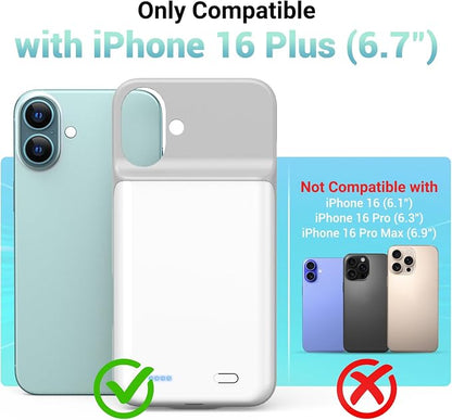 Battery Case for iPhone 16 Plus(6.7inch), Ultra-Slim 7000mAh Portable Extended Charging Charger Case [2026 Upgraded] Rechargeable Battery Back with Tempered Glass Screen Protector, White