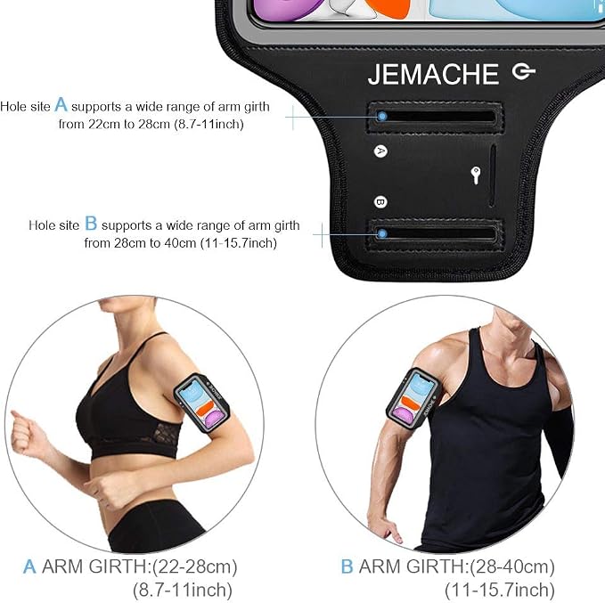 iPhone 17 16 15 Armband, JEMACHE Water Resistant Gym Running Workouts Arm Band for iPhone 17 16 15 14 13 12 Pro (Black)