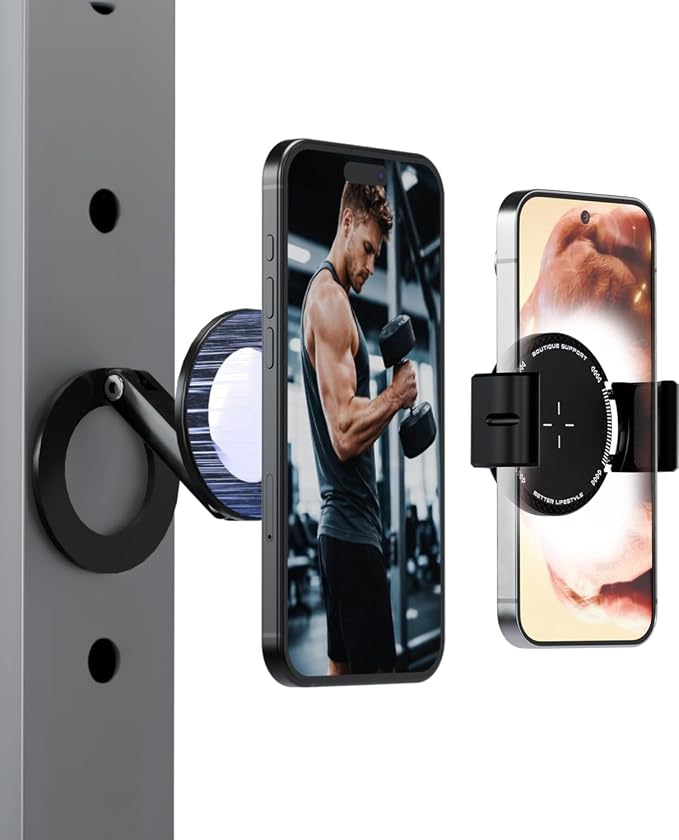 Magnetic Phone Holder for Gym, MagSafe iPhone & Android – Dual Magnet Mount with Universal Clamp, Attaches to Squat Racks & Metal Equipment, Workout Recording Accessory for Men & Women, Black