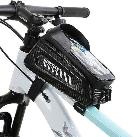 Bike Phone Holder Bag, Waterproof Top Tube Bag with TPU Touch-Screen & Sun Visor, Fits Phones Up to 6.5", Cycling Frame Bag for Bicycle Accessories (1.5L, Black)