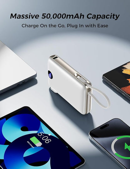 Power Bank, 50000 mAh Portable Charger with Built in Cable & Wall Plug, 22.5W Fast Charging, Travel Essential Battery Pack with LED Display for iPhone 17/16/15/14 Series, Galaxy, iPad White