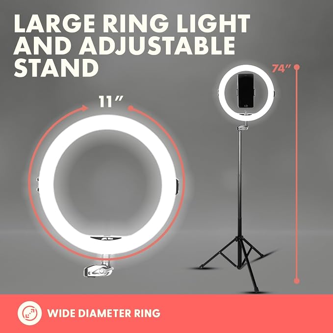 SQUATZ 11’’ LED 12W Selfie Ring Light with Wired Control, 3 Color Modes, 10 Brightness Levels, Tripod Stand with 6 Sections, Phone Holder, Adjustable Brightness Levels for Influencers, YouTube, TikTok