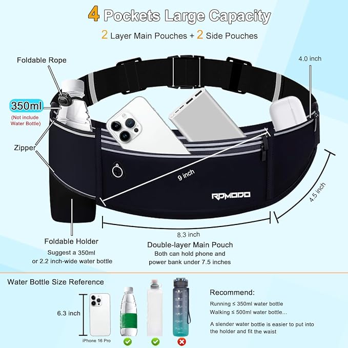 Slim Running Belt with Water Bottle Holder, Water Resistant Fanny Packs for Women Men，4 Pockets Running Phone Holder for Walking Cycling, Adjustable Waist Bag for iPhone 17 16 15 Samsung（Black）