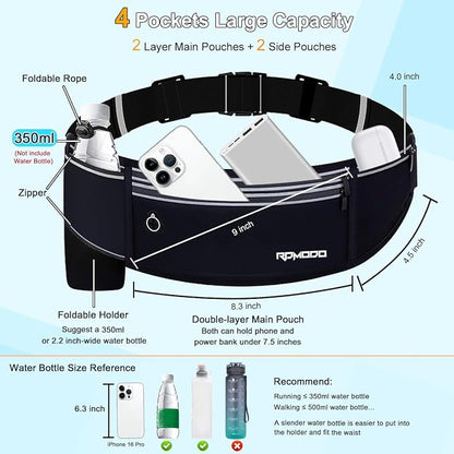 Slim Running Belt with Water Bottle Holder, Water Resistant Fanny Packs for Women Men，4 Pockets Running Phone Holder for Walking Cycling, Adjustable Waist Bag for iPhone 17 16 15 Samsung（Black）