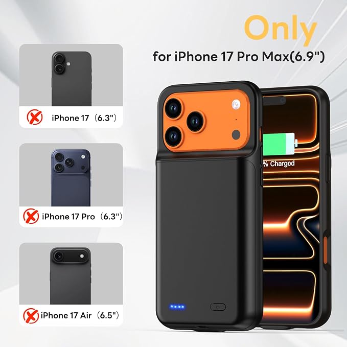 Battery Case for iPhone 17 Pro Max (6.9 inch), 7000mAh Ultra-Slim Protective Extended Charging Charger Case, 15W Fast Charging Rechargeable Battery Pack with Tempered Glass Screen Protector- Black