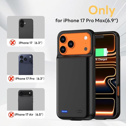Battery Case for iPhone 17 Pro Max (6.9 inch), 7000mAh Ultra-Slim Protective Extended Charging Charger Case, 15W Fast Charging Rechargeable Battery Pack with Tempered Glass Screen Protector- Black