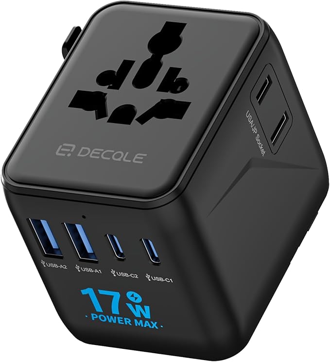 “Pro” Universal Travel Adapter 2 USB-C＆ 2 USB-A Cover 200+ Countries | 17W Max, International Plug Adapter, All in One Portable Adapter, NOT A Voltage Converter, for USA, UK, EU, AU (Black)