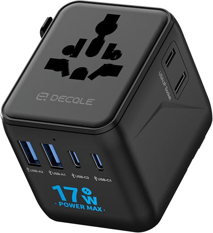 “Pro” Universal Travel Adapter 2 USB-C＆ 2 USB-A Cover 200+ Countries | 17W Max, International Plug Adapter, All in One Portable Adapter, NOT A Voltage Converter, for USA, UK, EU, AU (Black)