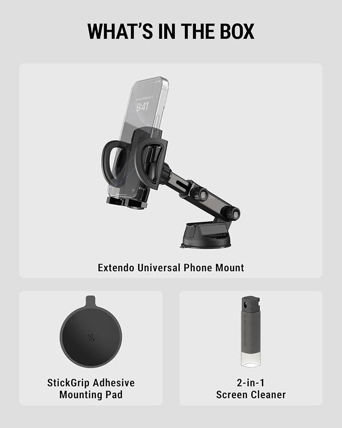 Scosche Phone Mount for Car, Universal Hands Free Windshield/Dashboard, Suction Cup Cell Phone Holder with 360° Rotation, Includes Screen Cleaner, Stand Compatible with iPhone and Android