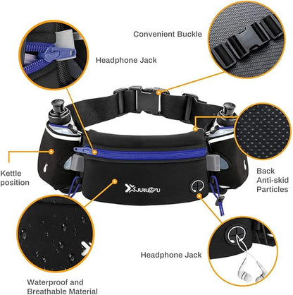 Number-one Running Belt with Water Bottles(2 x 175ML), Hydration Belt Waterproof Waist Pack Bag Fits iPhones Adjustable Sports Waist Pouch for Marathon Running Hiking Cycling