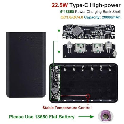 QC4.0 QC3.0 Dual USB Micro/Type-C USB 6x18650 Box 5V 4.5A 22.5W 20000mAh Mobile Phone Charger DIY Shell Case