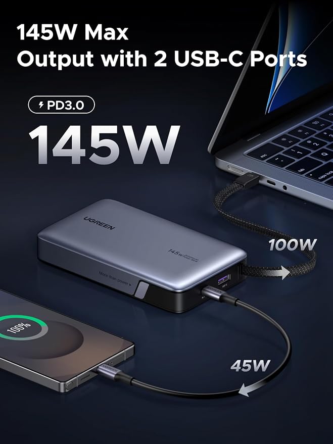 UGREEN Nexode Power Bank, 20000mAh 145W Laptop Portable Charger with Built-in USB-C Cable 72Wh Fast Charging Business Travel Battery Pack for MacBook Pro/Air/ipad/iPhone 17/Samsung S25/Dell/HP/Lenovo