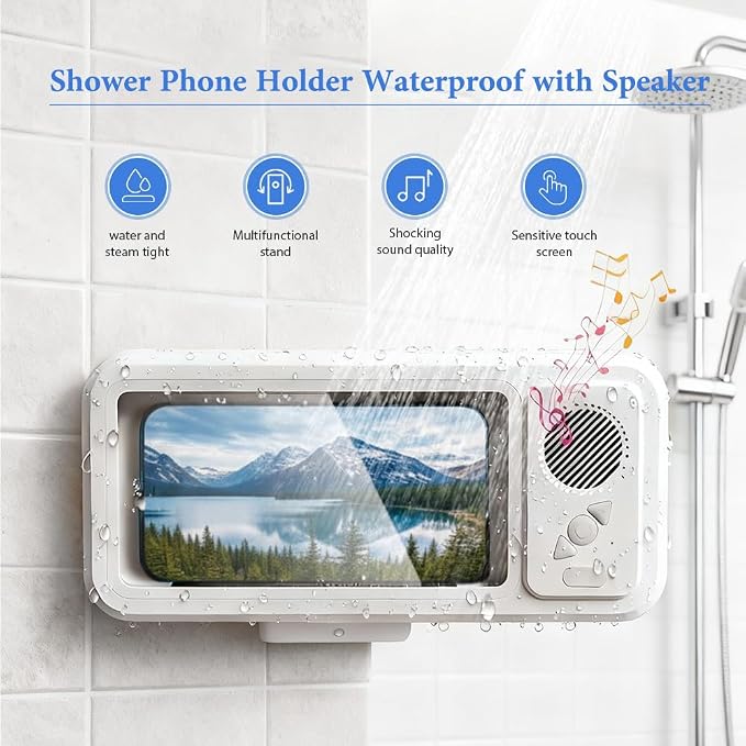 Shower Phone Holder Waterproof with Speaker and Key Control, Wall-Mounted Water Proof Anti Fog Case, Built-In Wireless Speaker, 360° Rotatable, Extendable and Adjustable, Waterproof Screen Touch