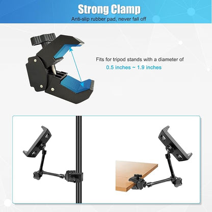 Tablet Holder for Mic Stand, Adjustable iPad Mic Stand Mount, Tablet Holder with Clamp Mount for Pole Desk Kitchen Cabinet, Compatible with 4.7 to 12.9" iPad, iPhone, Android Smartphones