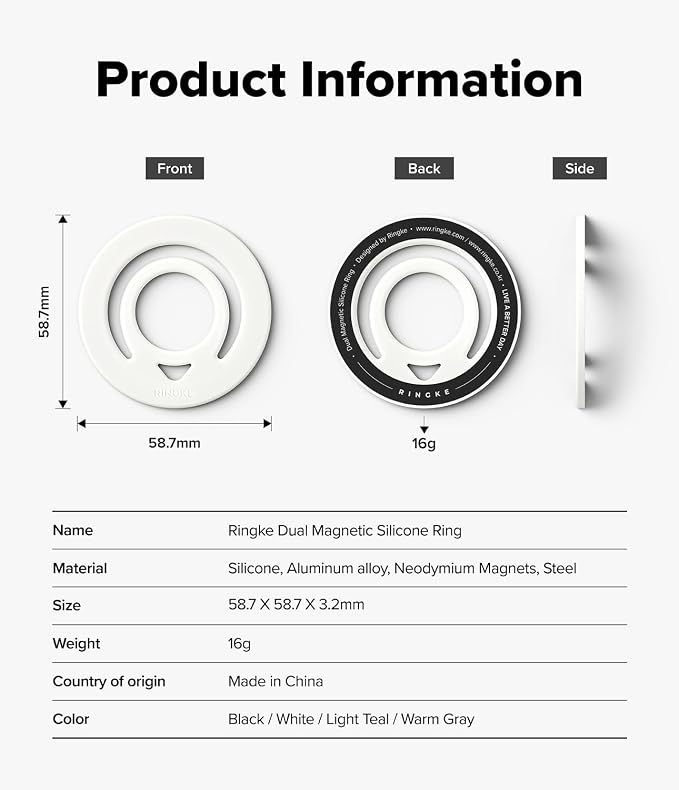 Ringke Dual Magnetic Silicone Ring [Compatible with MagSafe] Phone Grip, Dual-Sided Powerful Magnet, Lightweight (0.04 lb) & Super Slim (0.13 in) Soft Holder for iPhone, Galaxy, Pixel - White
