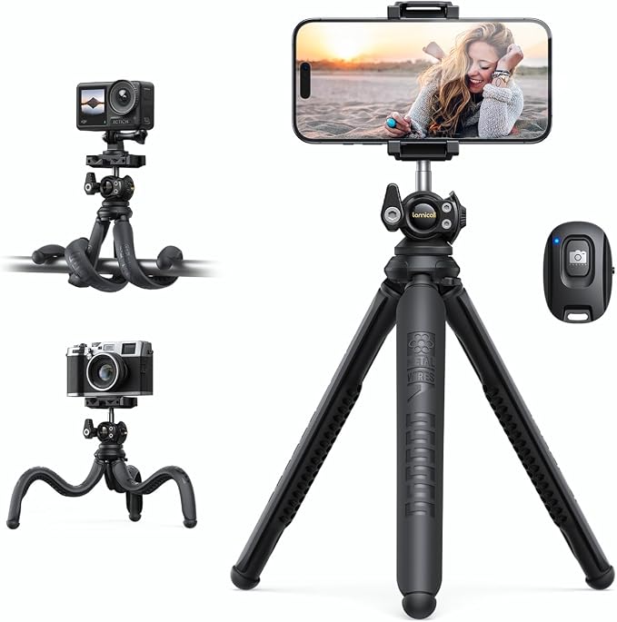 Lamicall Tripod for iPhone - [Ultra-Stable] Aluminium Phone Tripod with Wireless Remote, Flexible Camera Tripod Stand Cold Shoe for Video Recording Selfie for iPhone Samsung GoPro DSLR Digital Camera
