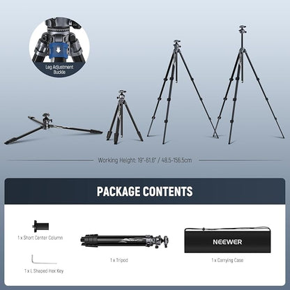 NEEWER LITETRIP LT07 61" Aluminum Travel Tripod Stand for Camera with Pan Tilt Low Profile Ball Head, Arca QR Plate Compatible with PD, Dual Center Axis, Max Load 22lb