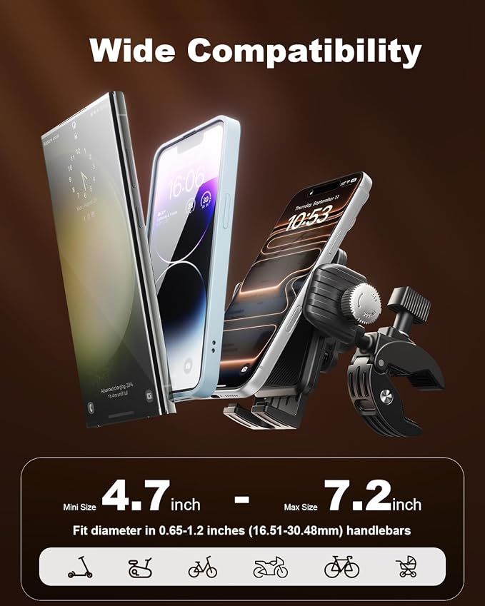 SUPERONE Motorcycle Phone Mount Holder, [Dual Vibration Dampener] Bike Phone Holder Handlebar Clamp, [Camera Friendly] Bicycle Scooter Phone Clip, Compatible with iPhone, Samsung, All Cell Phone