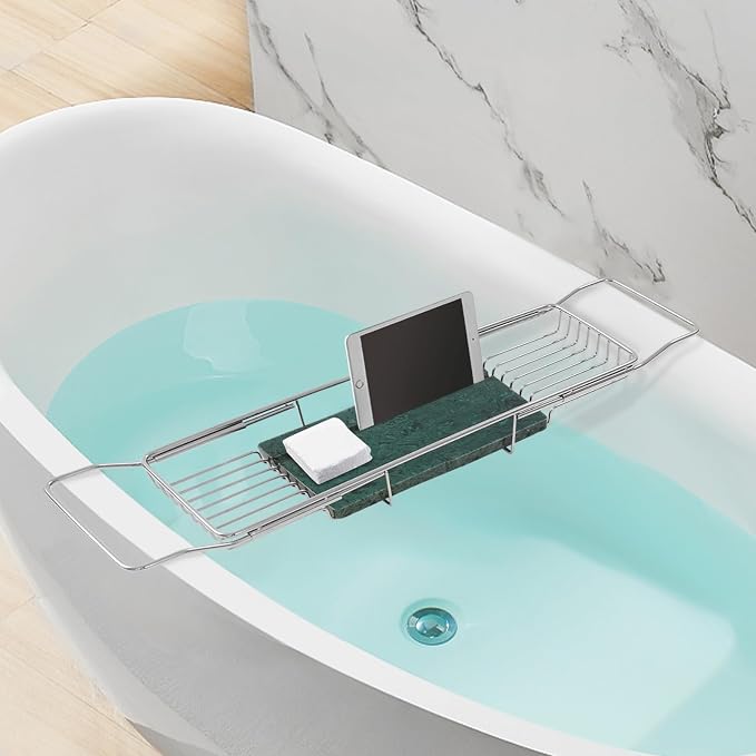 Expandable Bathtub Tray Caddy for Luxury Bath, Extra Wide Acrylic Tub Tray with Natural Marble Board, Waterproof Bath Tub Shelf for Phone, Wine, Book, Tablet Stand - Ideal Home Spa (Silver, Green)