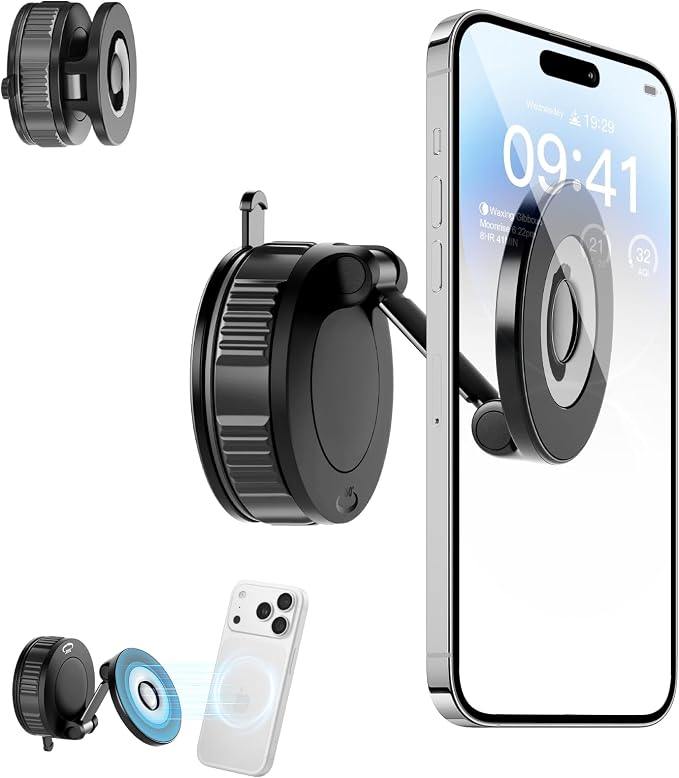 Vacuum Magnetic Shower Phone Holder for Mirror/Tile/Glass/Wood, 360° Adjustable Mirror Phone Holder for Shower/Bathroom/Office/Car with Suction Cup, Shower Phone Mount for iPhone MagSafe and Android