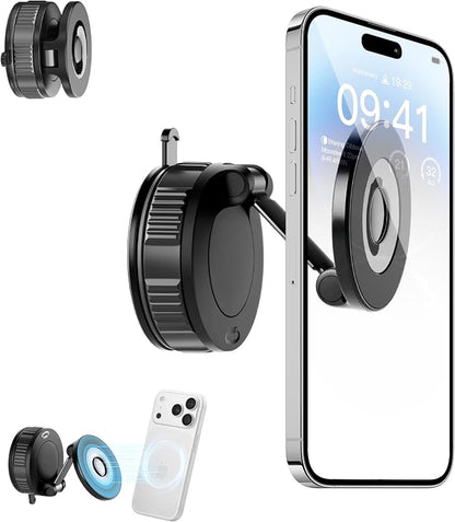 Vacuum Magnetic Shower Phone Holder for Mirror/Tile/Glass/Wood, 360° Adjustable Mirror Phone Holder for Shower/Bathroom/Office/Car with Suction Cup, Shower Phone Mount for iPhone MagSafe and Android