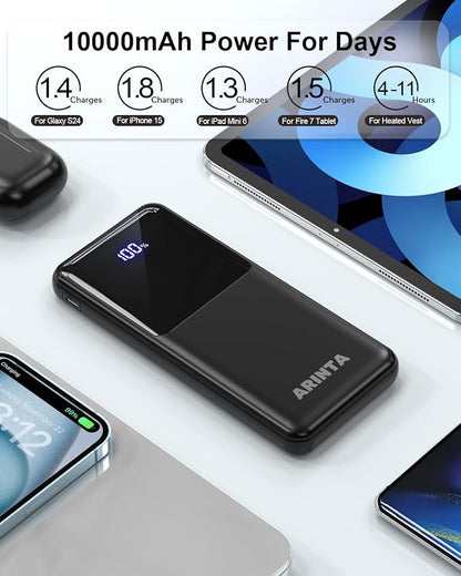 Power Bank Portable Charger 10000mAh PD 22.5W Battery Pack, LED Display & USB-C in/Out, Travel Essentials, Compatible for Smartphones, Tablets & More (Black)