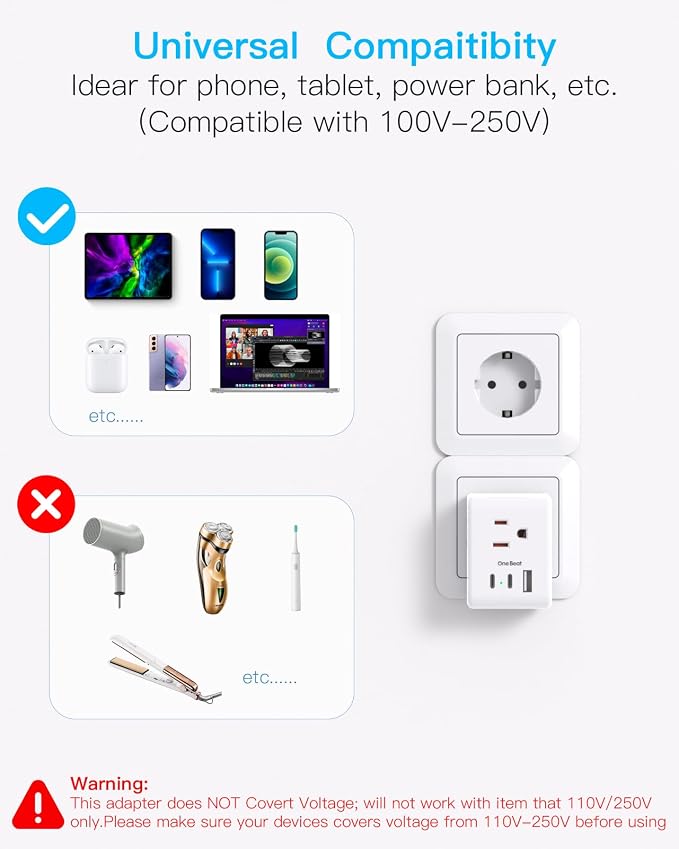 One Beat 2 Pack Germany France Travel Plug Adapter, Type E/F International Power Adapter with 3 Outlets and 3 USB Ports (2 USB-C), Travel Essentials for US to France, Germany, South Korea, Netherlands
