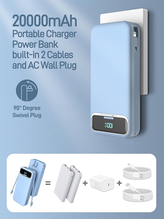 Nusyddy Portable Charger 20000mAh 22.5W w/Built-in Cables & Wall Plug Blue | 22.5W Fast Charging, High Capacity, LED Display, Charge 5 Devices at once, TSA Approved, Compatible with iPhone/iPad/Samsung