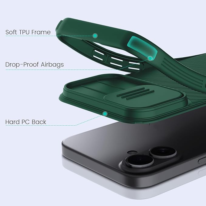 Nillkin for iPhone 17 Case with Slide Camera Cover, Thin Slim Fit, Shockproof Protective, Protector Privacy, Phone Case iPhone 17 Camera Lens Protector 6.3 inch, Green