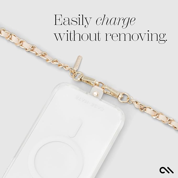 Case-Mate Crossbody Phone Lanyard [Works with All Phones] Hands-Free Strap - Leather Cell Phone Charm - Neck Chain Holder for iPhone 17 Pro Max /16 Pro Max /15/14/13/S26 Ultra - Gold Chain Tan Leather